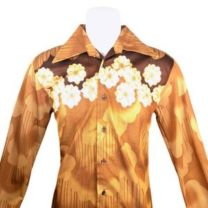 Vintage Kings Road Sears Mens Brown Floral Disco Shirt 70s Knit Point Collar Med